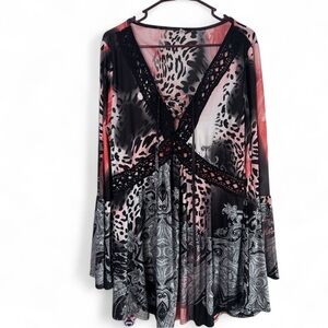 Boho Sheer Print Tunic Top w/ Lace Detail | Flowy Long Sleeve Blouse | Size L